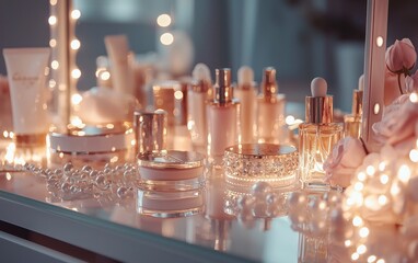 A stylish vanity table setup with luxury beauty products, pearl earrings, and soft lighting for Valentines Day and Womens Day
