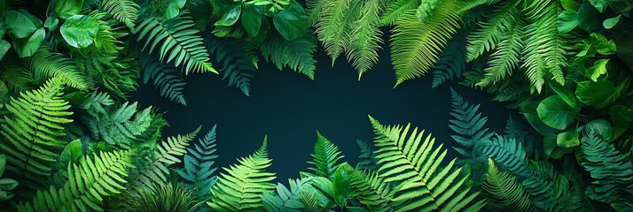 panoramic view of various lush fern leave on dark greek background with centred copy space
