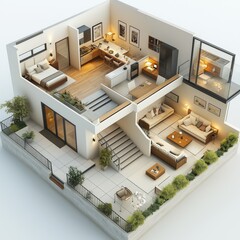 3D plan of a house with three floors, cozy interior design, a living room, and a bedroom on each level.