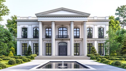 Front view of a luxury villa with large windows, arched doors, columns, small water feature, and trees, surrounded by a lawn and landscape design.