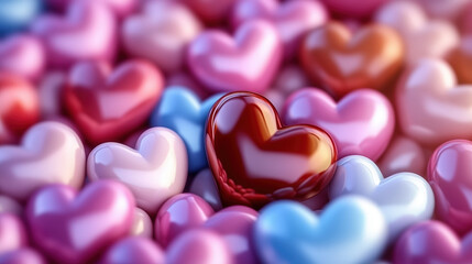 Obraz premium Colorful 3D Hearts Clustered Together, Vibrant and Festive Design for Valentine's Day Celebrations, 3D Hearts Background
