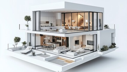 Fototapeta premium 3D rendering of a modern house plan with three floors, white color theme, highly detailed with a high-resolution interior and exterior perspective.