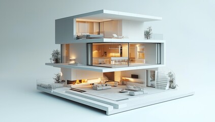 3D rendering of a modern house plan with three floors, white color theme, highly detailed with a high-resolution interior and exterior perspective.