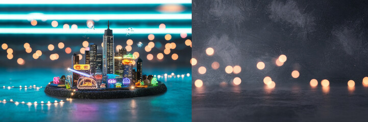 Night Cityscape Miniature Illuminated Buildings Bokeh Lights