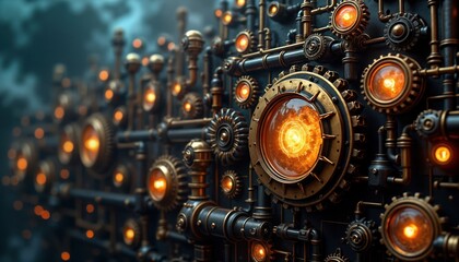 Steampunk tech wall decorated with intricate gears pipes, lights. Golden gears, pipes form complex system. Orange lights shine through transparent parts of machine. Visual representation of old