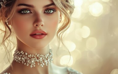 Fototapeta premium An elegant portrait of a woman wearing a diamond-studded choker, her eyes shining under soft light, with a creamy beige background blur for valentines day