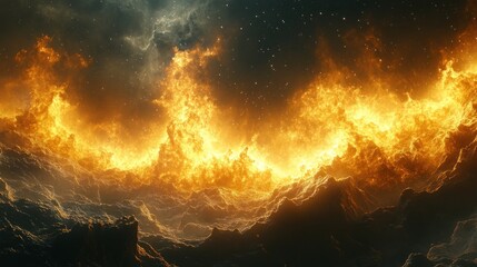 Naklejka premium Fiery cosmic landscape with swirling flames and dark rocky formations under a starry sky