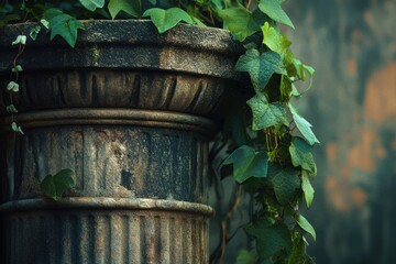 Fototapeta premium Ancient stone column, weathered and aged, adorned with vibrant green ivy, creating a mystical ambiance.