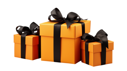 Orange Gift Boxes with Black Ribbon Bows on transparent Background