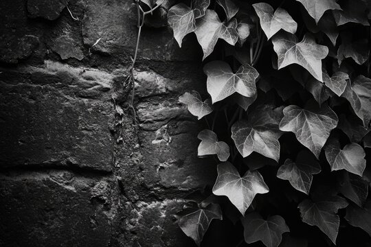 Ivy leaves climbing a dark, textured brick wall, monochrome aesthetic.