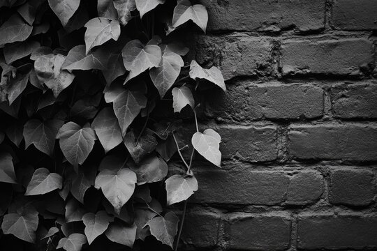 Ivy leaves climbing a dark brick wall, monochrome photography showcasing nature's texture and contrast. - Powered by Adobe