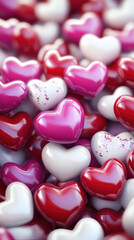 Fototapeta premium Colorful 3D Heart-Shaped Candies in Multicolored Tones, Vibrant and Festive Design for Valentine's Day Celebrations, 3D Heart Candy Background