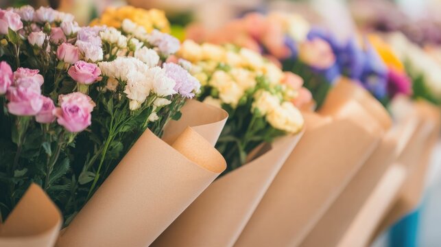 Colorful wildflower bouquets wrapped in kraft paper for delightful floral arrangements