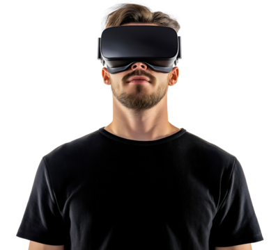 Young Man Wearing VR Headset in Modern Studio Setting Exploring Virtual Reality Experience