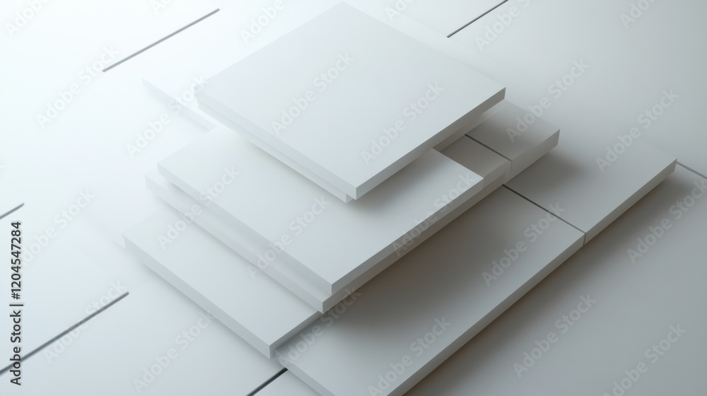 Poster stacked white sheets arranged in an artistic display on a minimalist workspace. generative ai