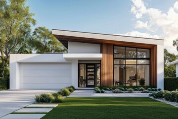 Modern home with white walls, timber cladding, white garage door, green grass, and blue sky. High-resolution image.