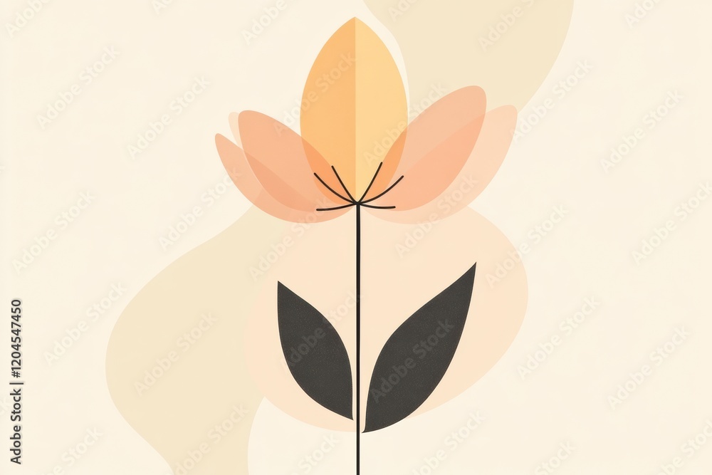 Poster illustration of a minimalist flower design with soft colors and simple shapes set against a light ba