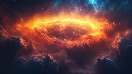 Fototapeta premium Stunning cosmic scene depicting a fiery nebula surrounded by dark clouds and twinkling stars