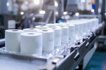 Obraz premium Toilet paper rolls moving on industrial conveyor belt in factory