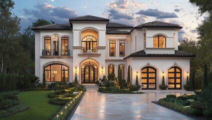 A luxurious two-story house with large windows, lush courtyard, elegant design, and well-lit landscaping.