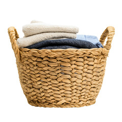 Obraz premium Soft White Cotton Towels in a Clean Wicker Basket Isolated on Fresh Background