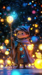 Fototapeta premium Cute cartoon wizard boy holding glowing orb staff amidst sparkling lights.