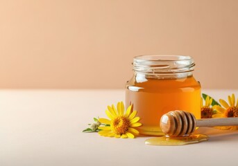 Glass jar with honey, wooden honey dipper and yellow flowers on beige background
