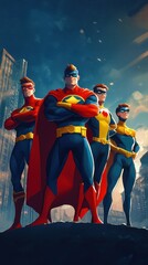 Four superheroes stand together, city backdrop.