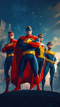 Four superheroes stand together, city backdrop.