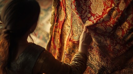 Fototapeta premium A woman inspects intricate fabric patterns with care, highlighting traditional craftsmanship and cultural heritage.