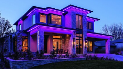 Modern home with purple LED lighting, large windows, porch lanterns, and a vibrant exterior design.
