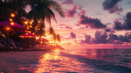 Idyllic beach sunset scene with palm trees, lounge chairs, and pink umbrellas.