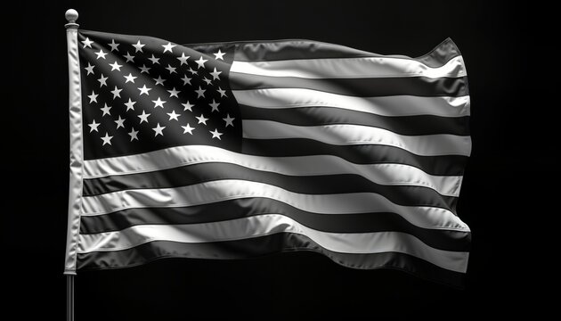 American flag waving in black, white. Simple design. Symbol of USA. Patriotic image. Suitable for memorial day, Independence Day, patriotic celebrations. Suitable for print, web, social media.
