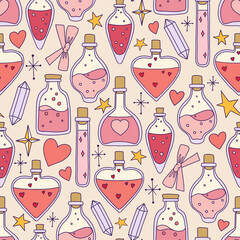 Love potion bottles seamless pattern.  Various shapes and sizes in a pink color scheme. Perfect for Valentine’s Day, wedding decor, gift wrap, textiles, stationery, and romantic crafts designs.