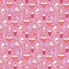 Love potion bottles seamless pattern.  Various shapes and sizes in a pink color scheme. Perfect for Valentine’s Day, wedding decor, gift wrap, textiles, stationery, and romantic crafts designs.