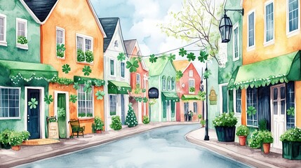 Fototapeta premium A charming street scene with colorful houses adorned with greenery and festive decorations, evoking a cheerful, vibrant atmosphere.
