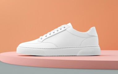 Minimalist white sneakers with a clean modern design placed on a pastel color background