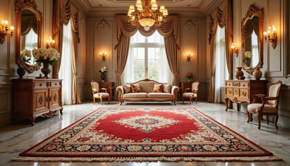 Obraz premium Luxurious Persian rug on marble floor in elegant room, opulent decor, Nowruz