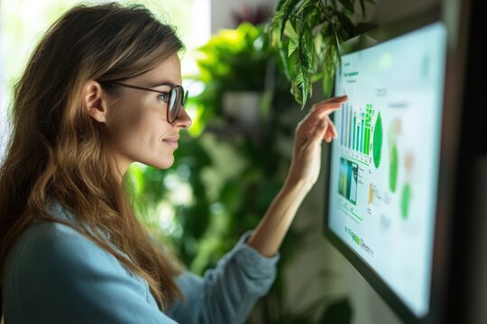 Businesswoman analyzing green economy data on interactive whiteboard display