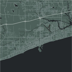 Map of Gulfport in Mississippi in a smooth dark style. Contains layered vector with roads water, parks, etc.