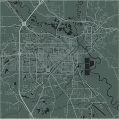 Map of Hattiesburg in Mississippi in a smooth dark style. Contains layered vector with roads water, parks, etc.