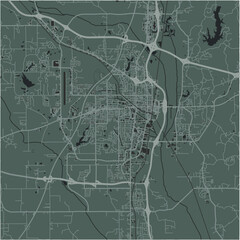Map of Tupelo in Mississippi in a smooth dark style. Contains layered vector with roads water, parks, etc.
