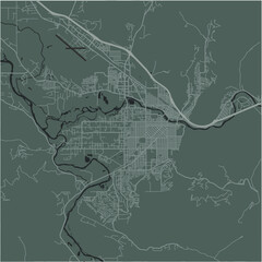 Map of Missoula in Montana in a smooth dark style. Contains layered vector with roads water, parks, etc.