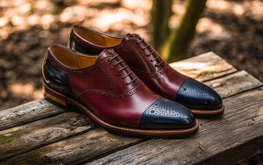 Stylish oxford shoes with a modern twist placed on a vintage-inspired wooden surface