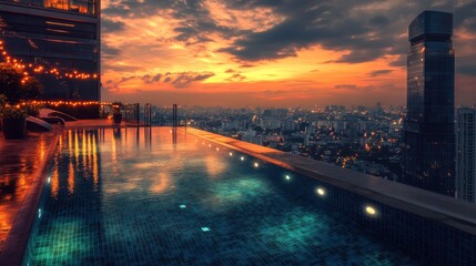 An empty infinity pool on a high-rise rooftop, reflecting the warm hues of a dramatic sunset, with fairy lights strung along the edges and a panoramic view of the sprawling city below."