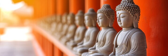 Fototapeta premium In a temple corridor, serene Buddha statues seated on stone pedestals stand, representing spirituality, serenity, and cultural legacy from days of old.