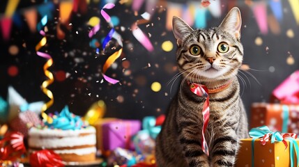Adorable Tabby Cat Celebrates Birthday with Cake and Confetti