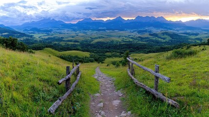 Mountain path sunset landscape, scenic hiking trail