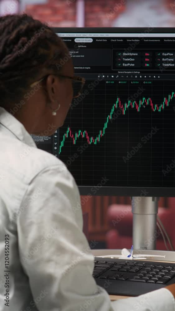 Poster vertical video day trader using pc to purchase and sell stocks, reading files, aiming to capitalize 