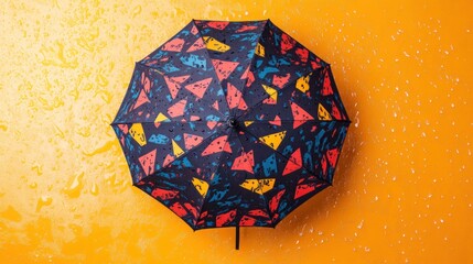 Colorful umbrella with geometric pattern on yellow wet background, top view. © huhu